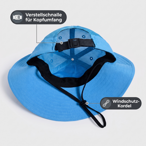 Wander-Fischerhut UPF 50+ Innenansicht mit Verstellschnalle für Kopfumfang und Windschutz-Kordel
