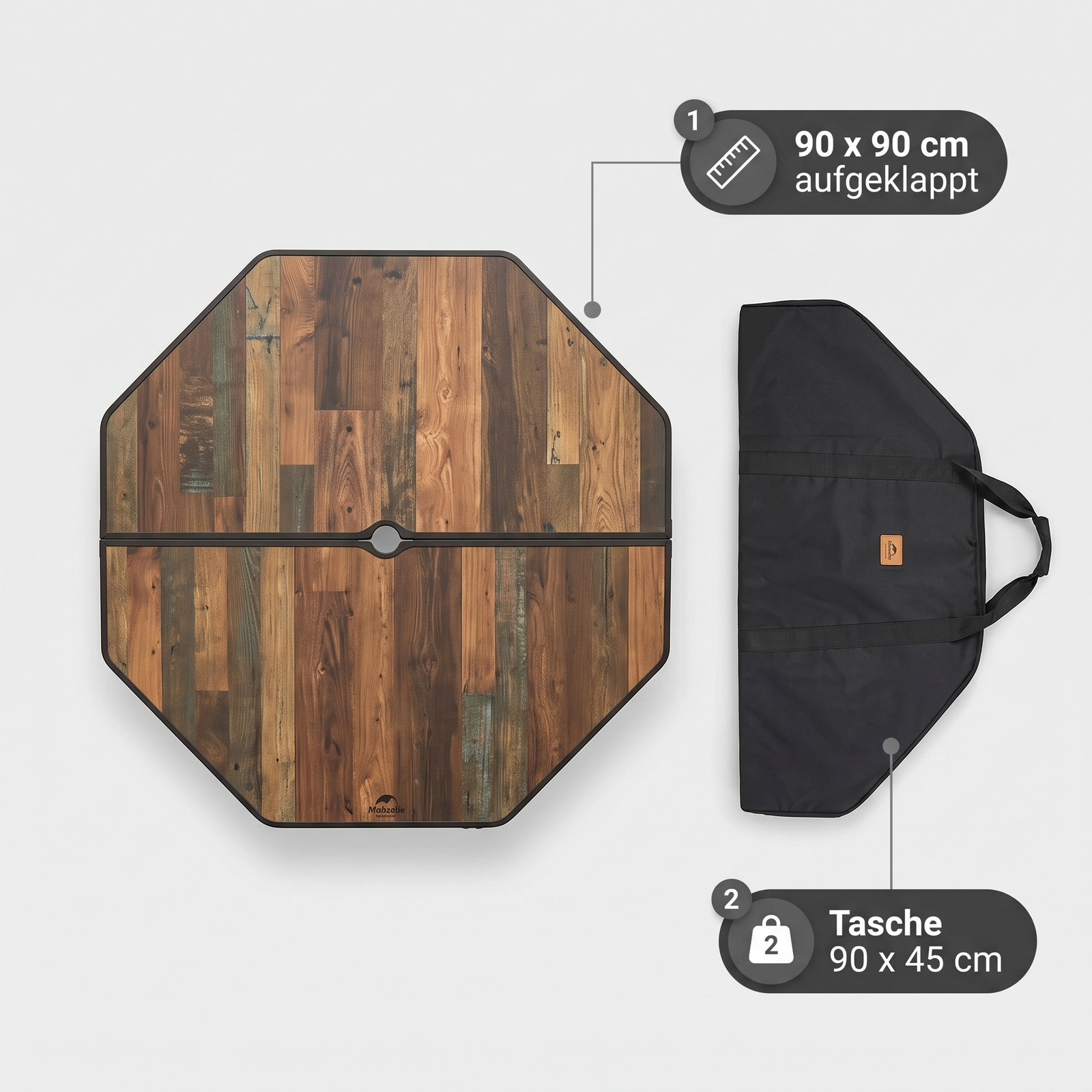 Modularer Campingtisch aufgeklappt 90 x 90 cm neben Aufbewahrungstasche 90 x 45 cm