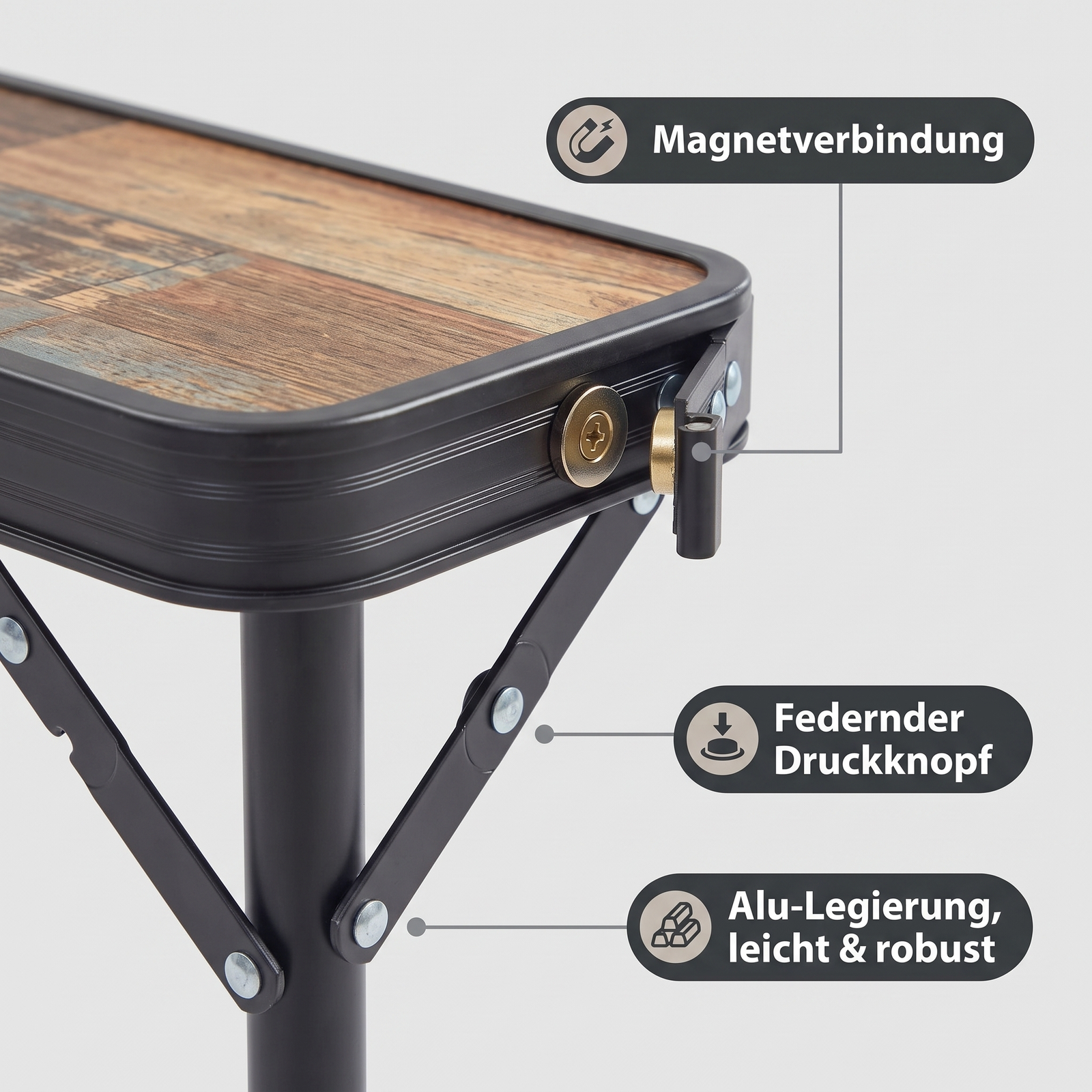 Modularer Campingtisch: Magnetverbindung, federnder Druckknopf und Alu-Legierung Rahmen im Detail