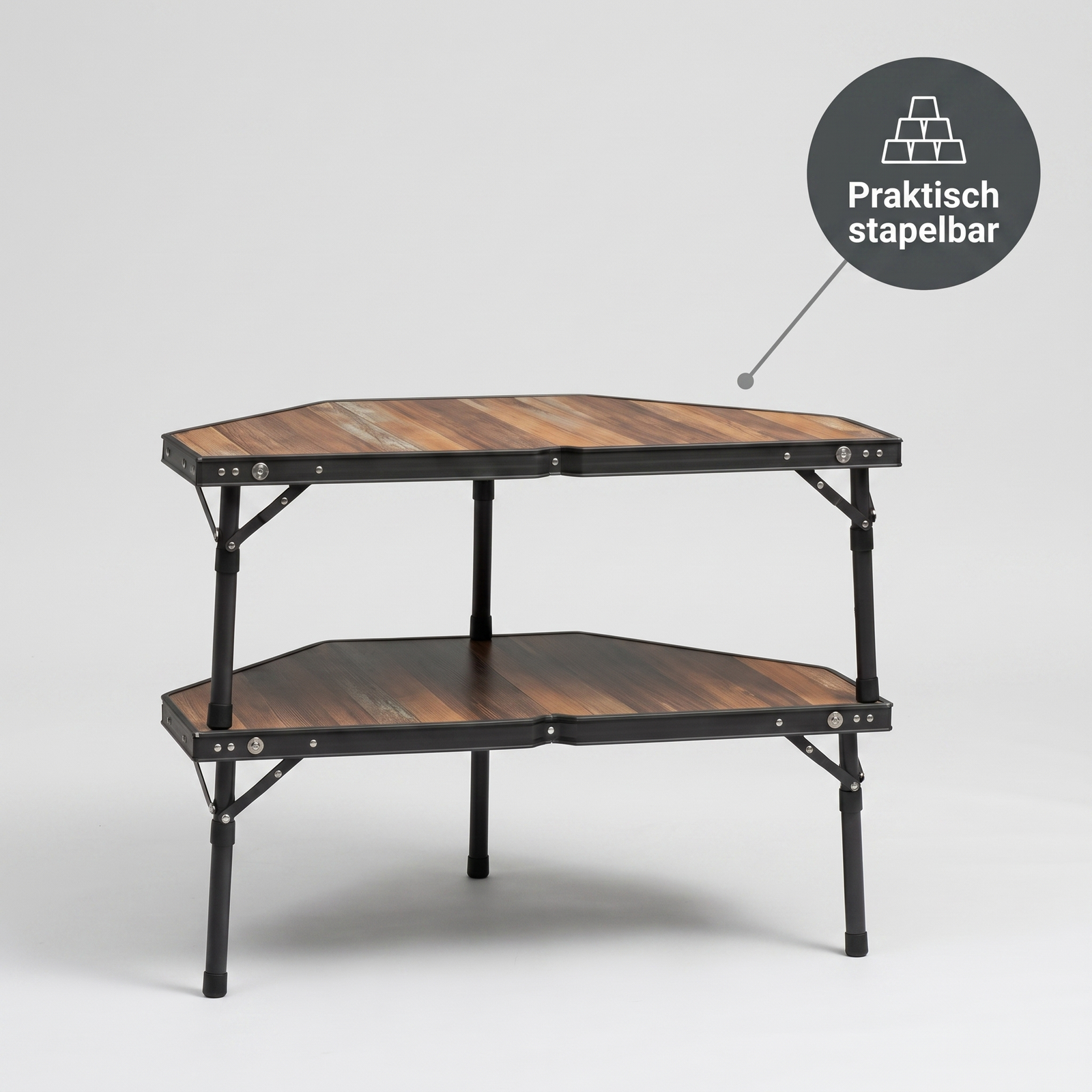 Modularer Campingtisch praktisch stapelbar als zwei Ablagen