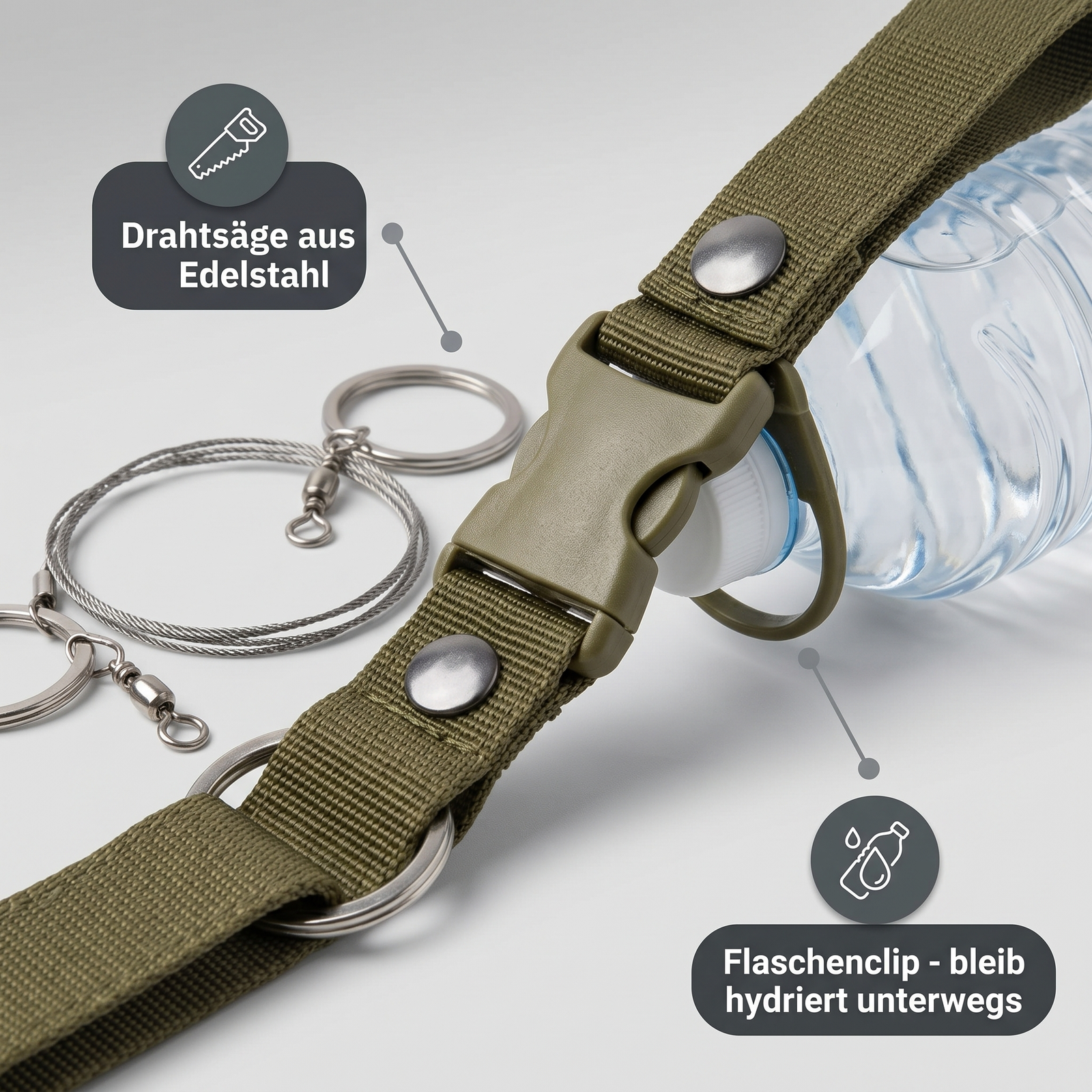 Drahtsäge aus Edelstahl und Flaschenclip – Survival-Set fürs Wandern