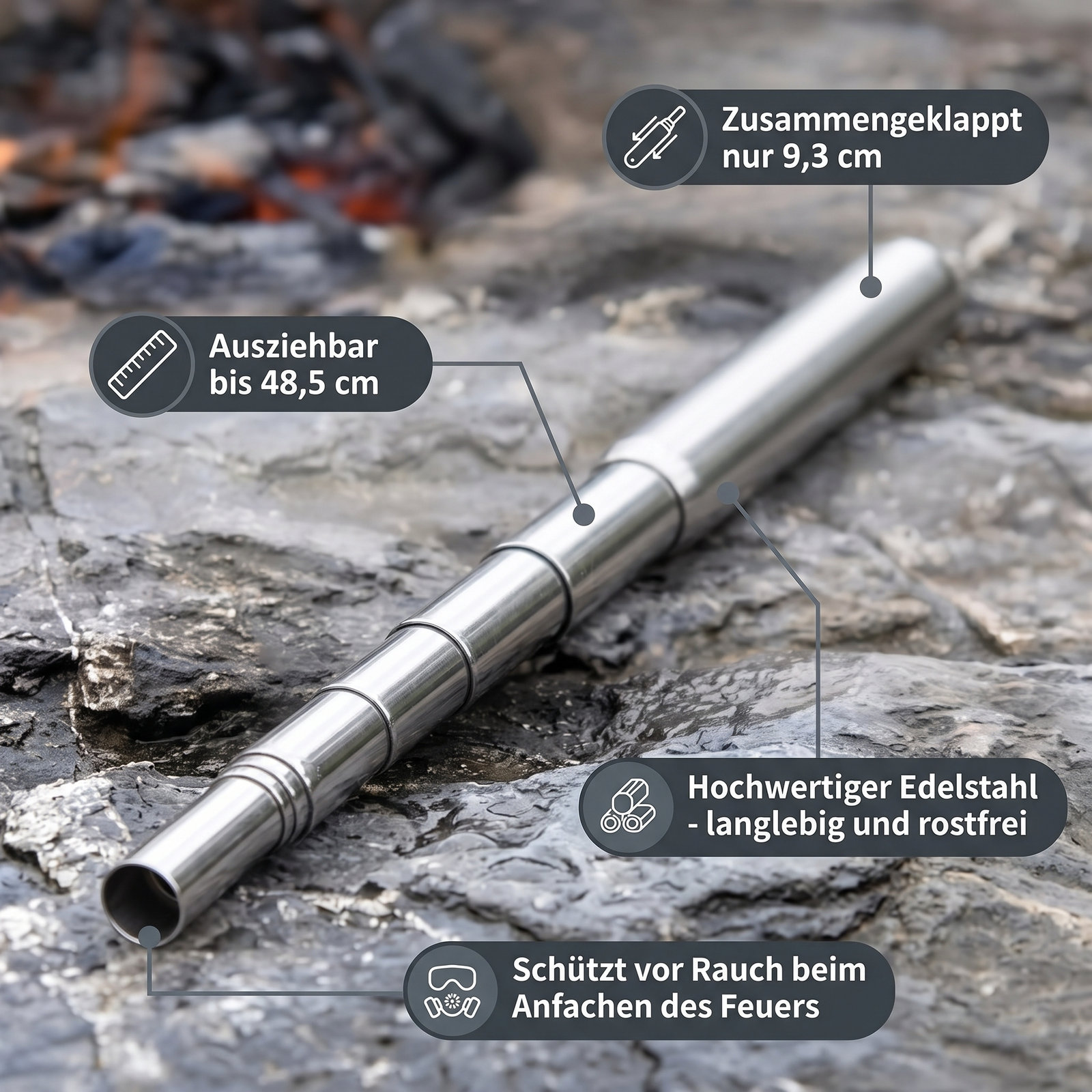 Teleskop-Feuerblasrohr aus Edelstahl, ausziehbar bis 48,5 cm – Survival-Set fürs Wandern