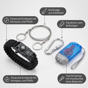 Paracord-Armband mit Kompass, Drahtsäge, Karabiner und Handkurbel-Taschenlampe – Survival-Set fürs Wandern