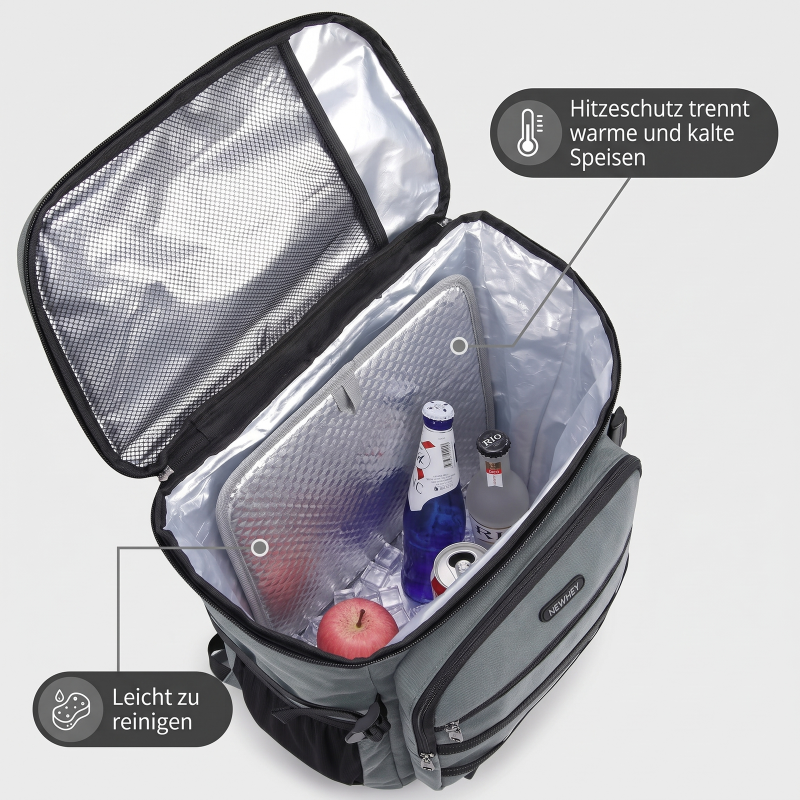 Kühlrucksack 30L – Innenraum mit Hitzeschutz zur Trennung warmer und kalter Speisen, leicht zu reinigende Folienauskleidung