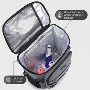 Kühlrucksack 30L – Innenraum mit Hitzeschutz zur Trennung warmer und kalter Speisen, leicht zu reinigende Folienauskleidung
