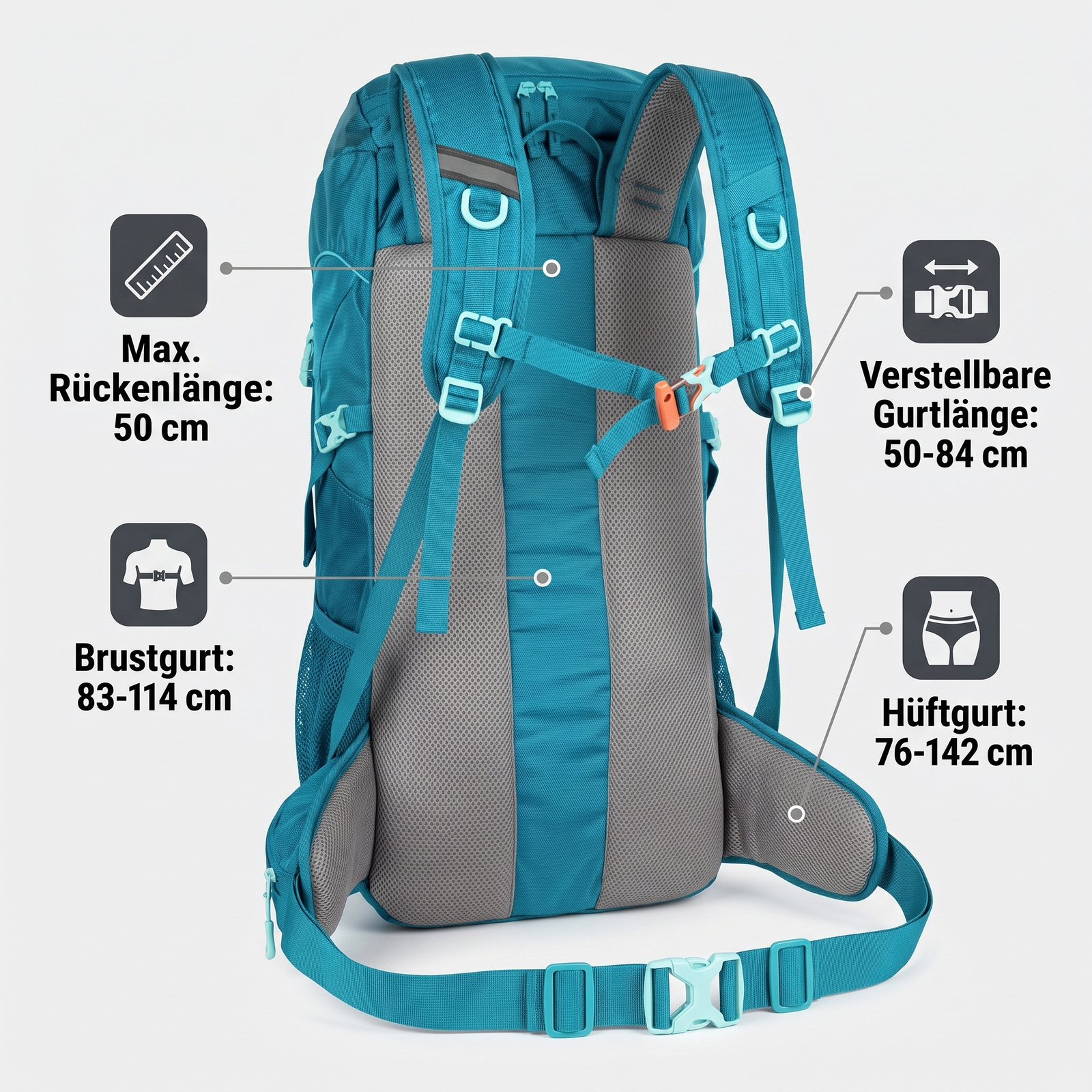 Trekkingrucksack 50L Rückansicht mit Maßangaben: Rückenlänge, Brustgurt, Gurtlänge, Hüftgurt