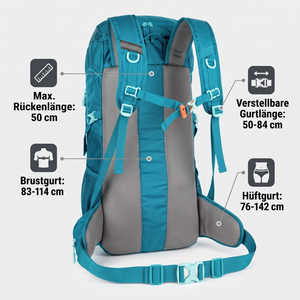 Trekkingrucksack 50L Rückansicht mit Maßangaben: Rückenlänge, Brustgurt, Gurtlänge, Hüftgurt