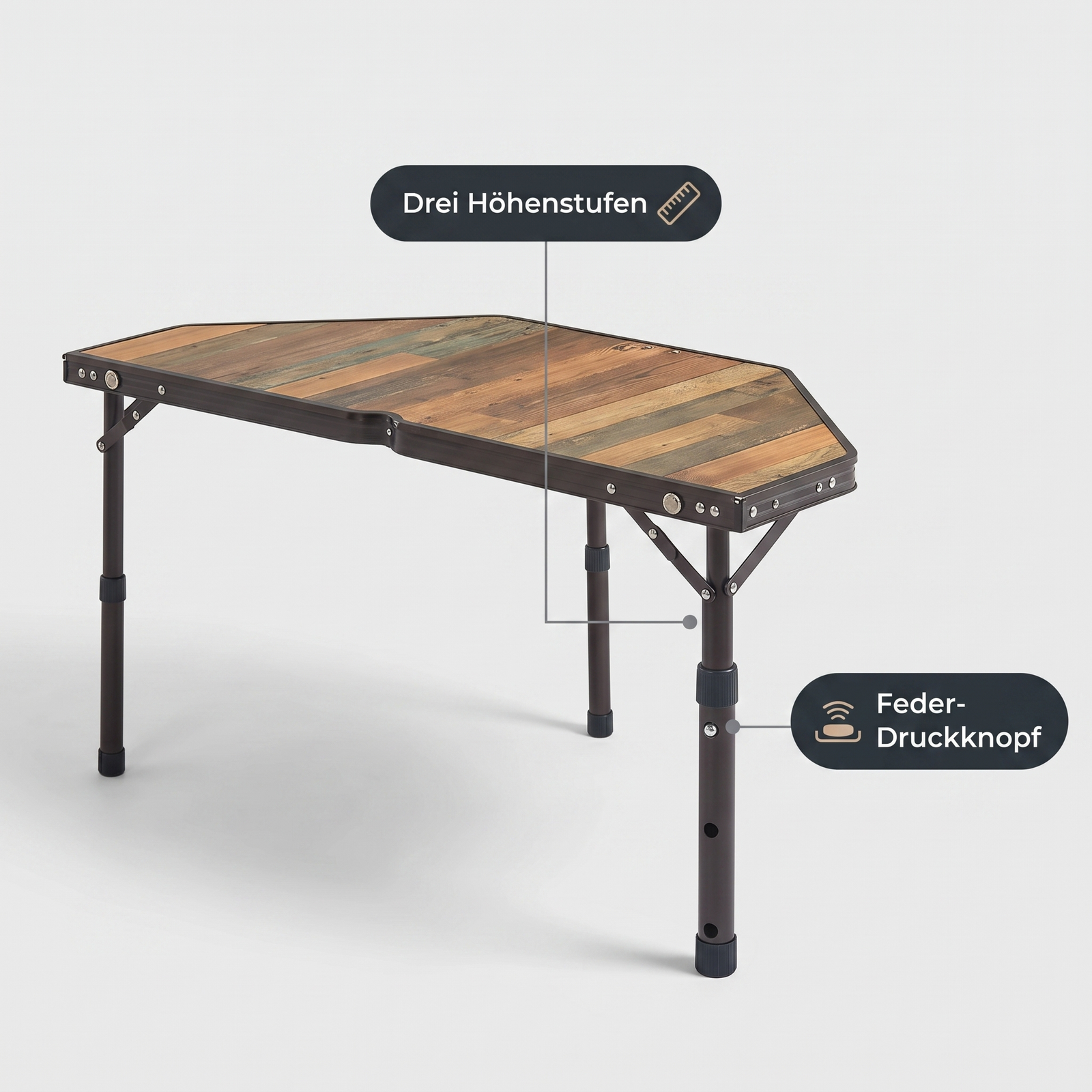 Modularer Campingtisch: drei Höhenstufen mit Feder-Druckknopf-System am Tischbein