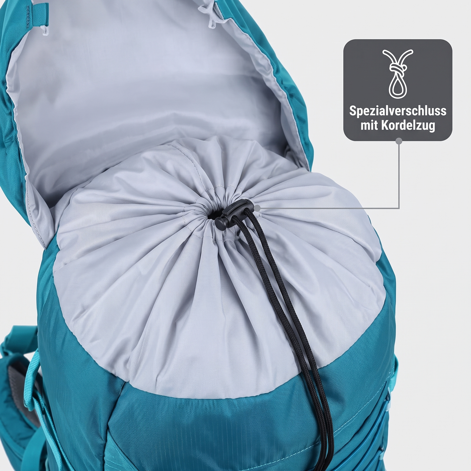 Trekkingrucksack 50L Hauptfach mit Spezialverschluss und Kordelzug