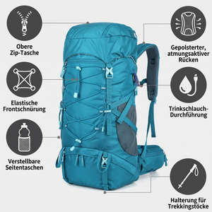 Trekkingrucksack 50L mit allen Funktionen: Zip-Tasche, Frontschnürung, Seitentaschen, Trekkingstock-Halterung, Trinkschlauch-Durchführung, gepolsterter Rücken
