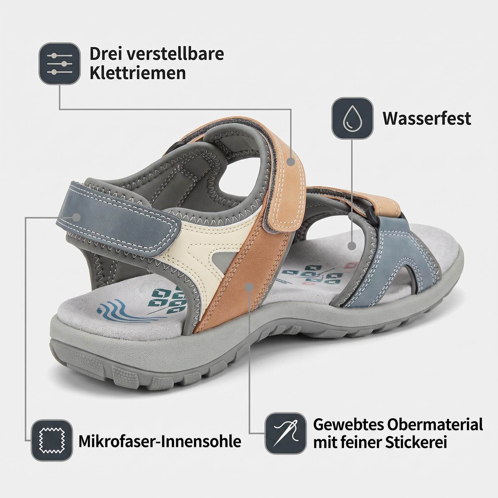 Bequeme Wandersandalen Damen: drei verstellbare Klettriemen, wasserfest, Mikrofaser-Innensohle, gewebtes Obermaterial