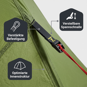Zelt Befestigung, Spannschnalle und Innenstruktur Detailansicht