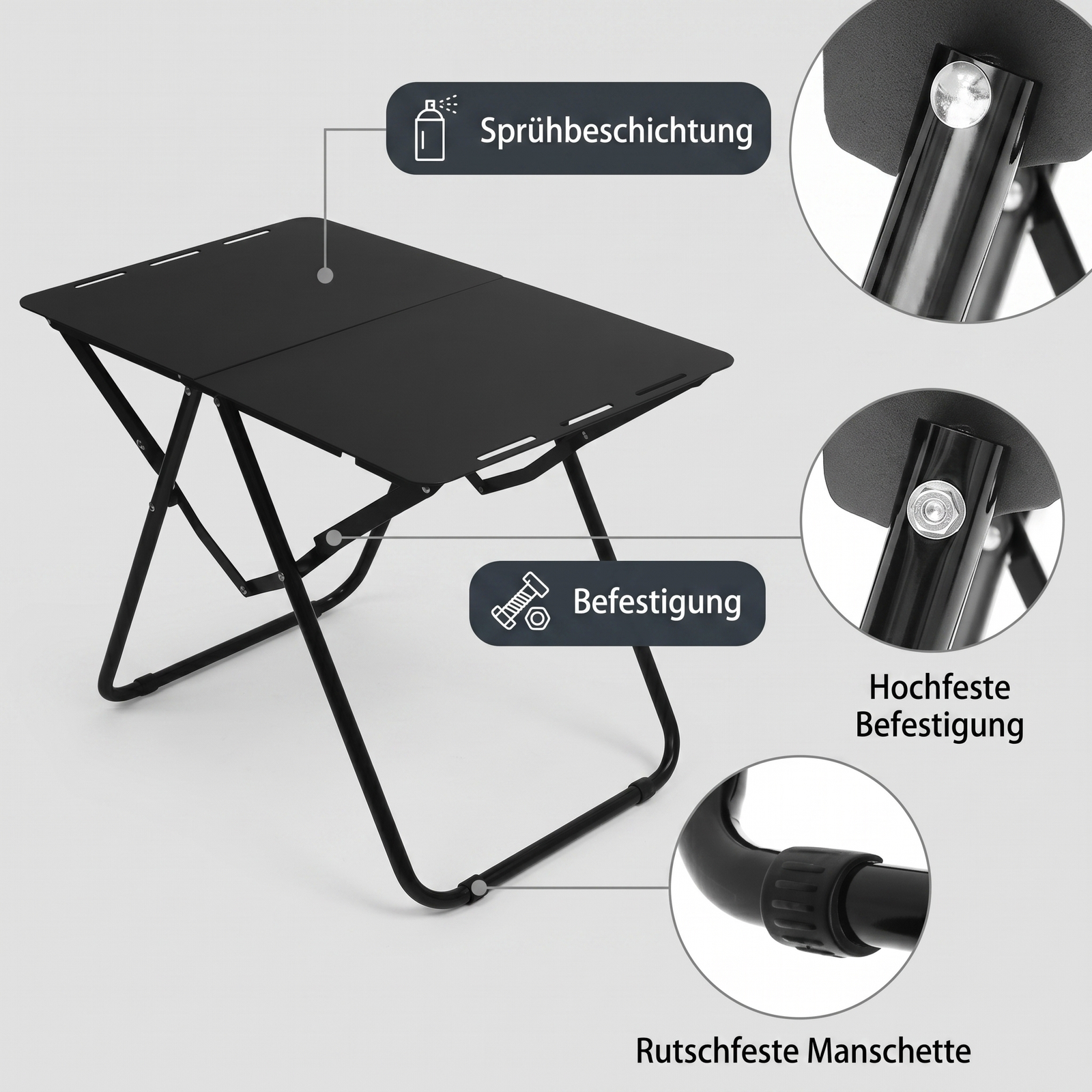 Campingtisch Sprühbeschichtung, Befestigung und Manschette Detailansicht