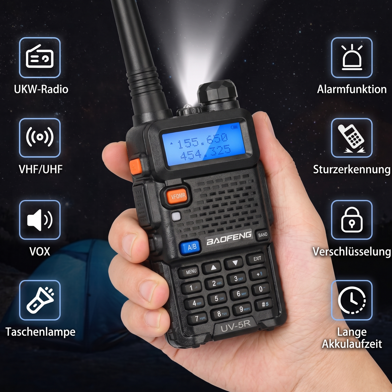Funkgeraet Funktionen UKW VOX Taschenlampe Alarmfunktion