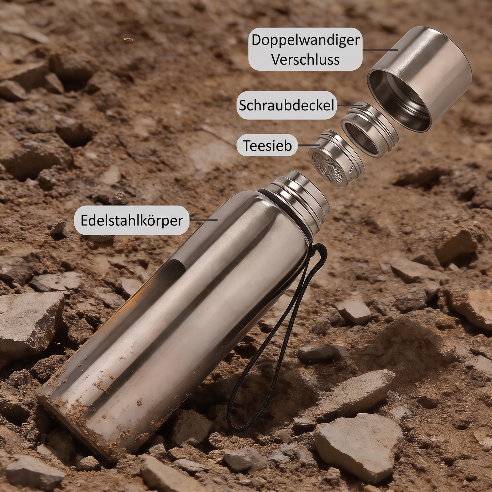 Edelstahlflasche Bauteile Verschluss Schraubdeckel Teesieb Koerper