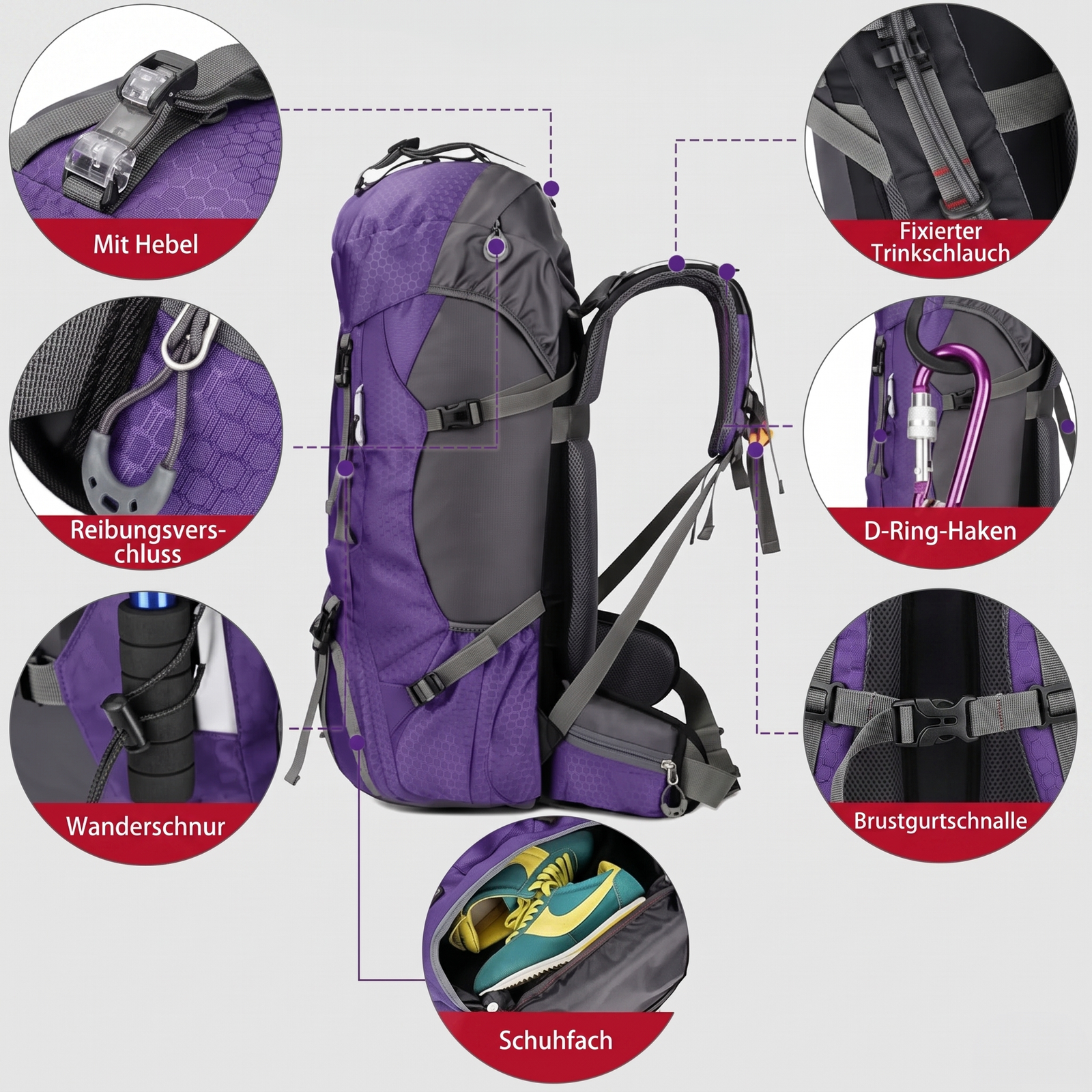 Wanderrucksack Details Hebel Trinkschlauch Schuhfach