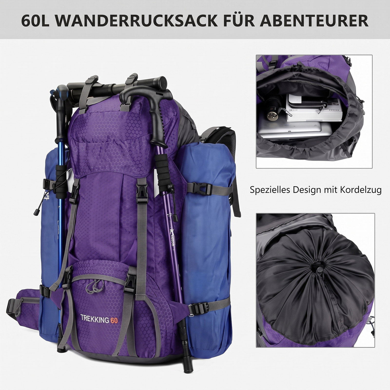 60L Wanderrucksack Kordelzug Design