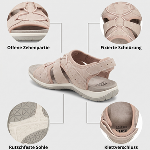 Wandersandalen Details offene Zehenpartie fixierte Schnürung rutschfeste Sohle Klettverschluss