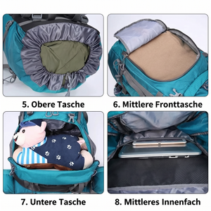 Wasserdichter Wanderrucksack obere Tasche mittlere Fronttasche untere Tasche mittleres Innenfach