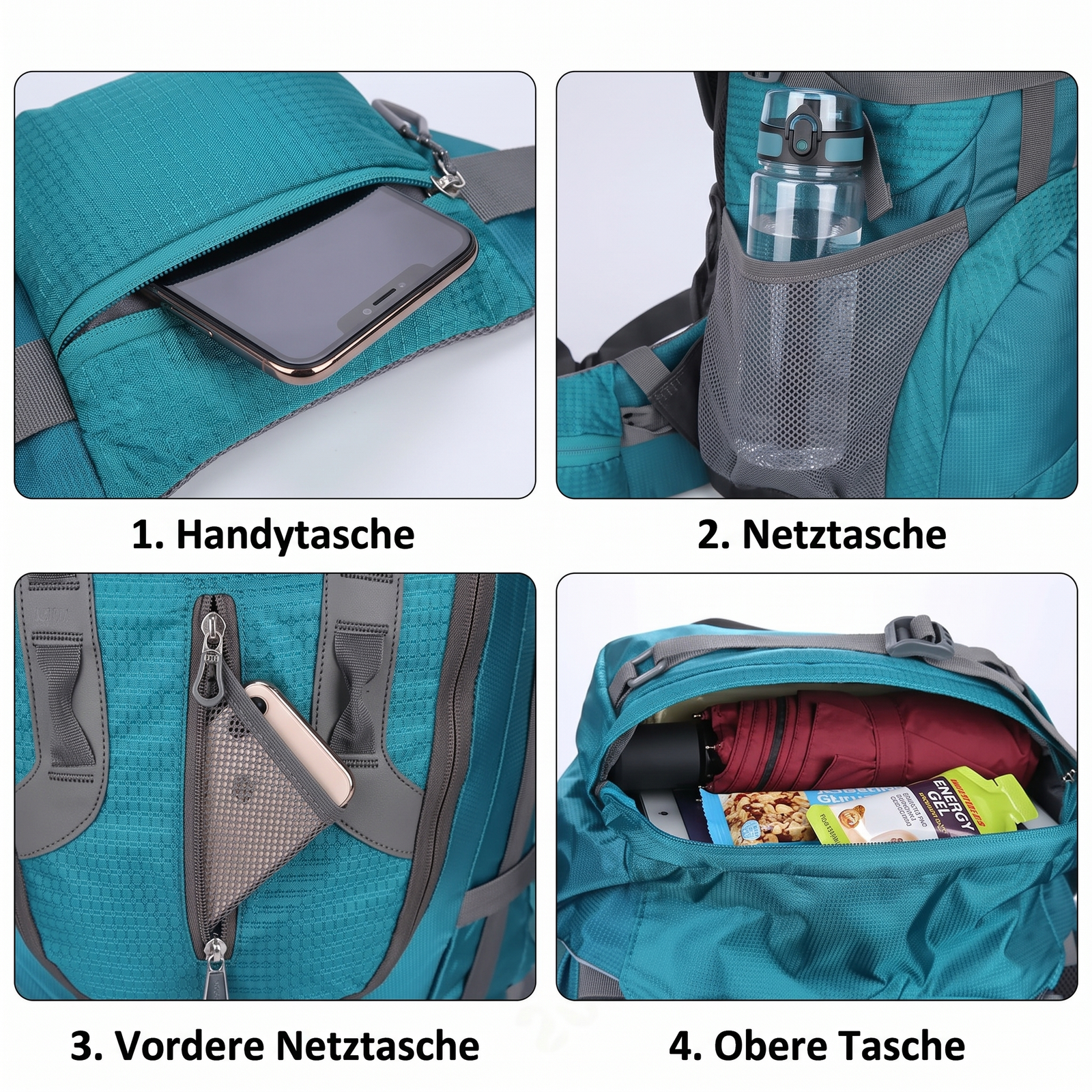 Wasserdichter Wanderrucksack Handytasche Netztasche vordere Netztasche obere Tasche