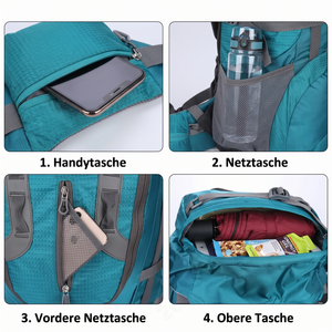 Wasserdichter Wanderrucksack Handytasche Netztasche vordere Netztasche obere Tasche