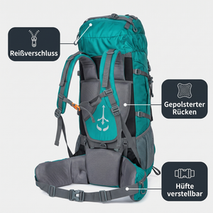 Wasserdichter Wanderrucksack Details Reißverschluss gepolsterter Rücken hüftverstellbar