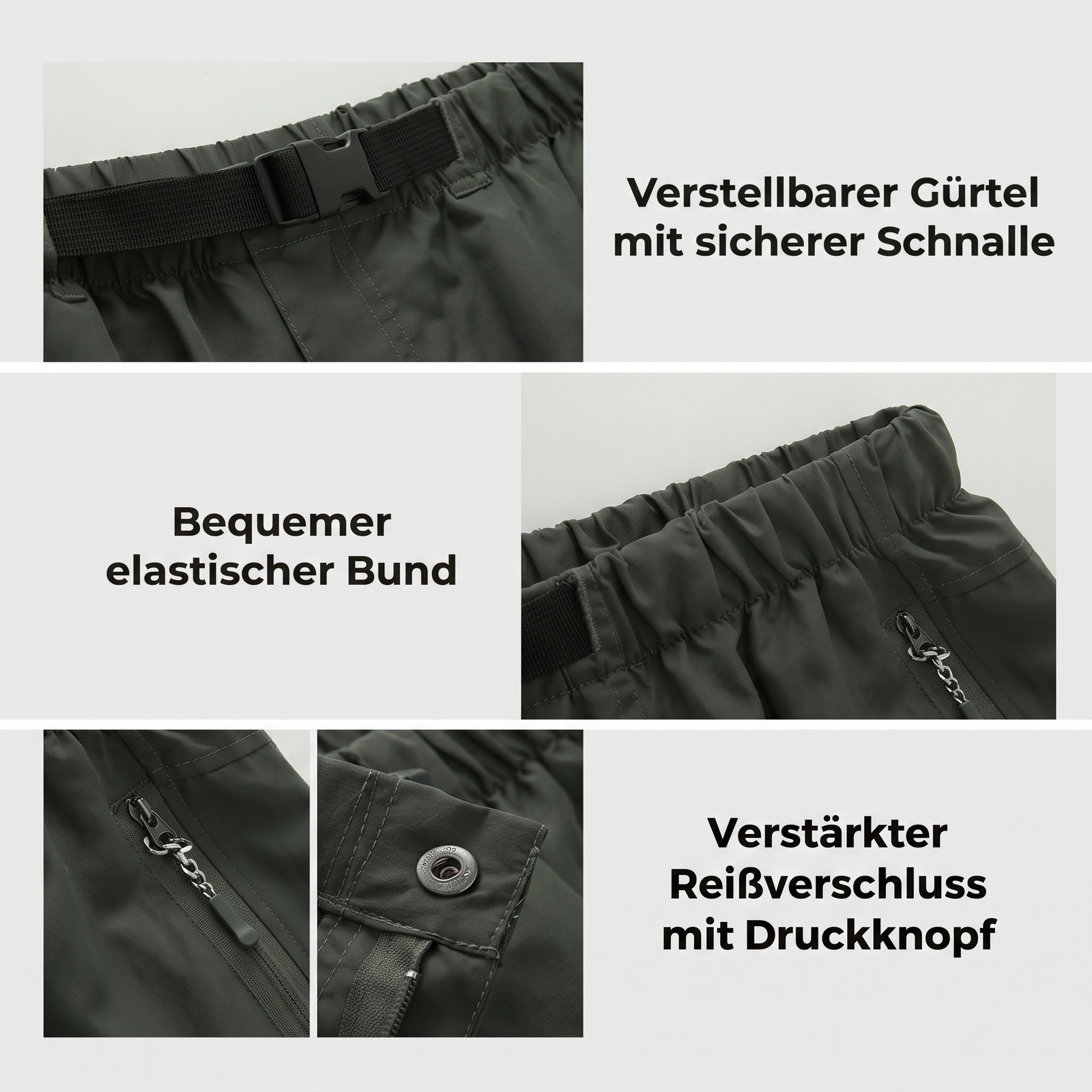 2-in-1 Wanderhose verstellbarer Gürtel elastischer Bund verstärkter Reißverschluss