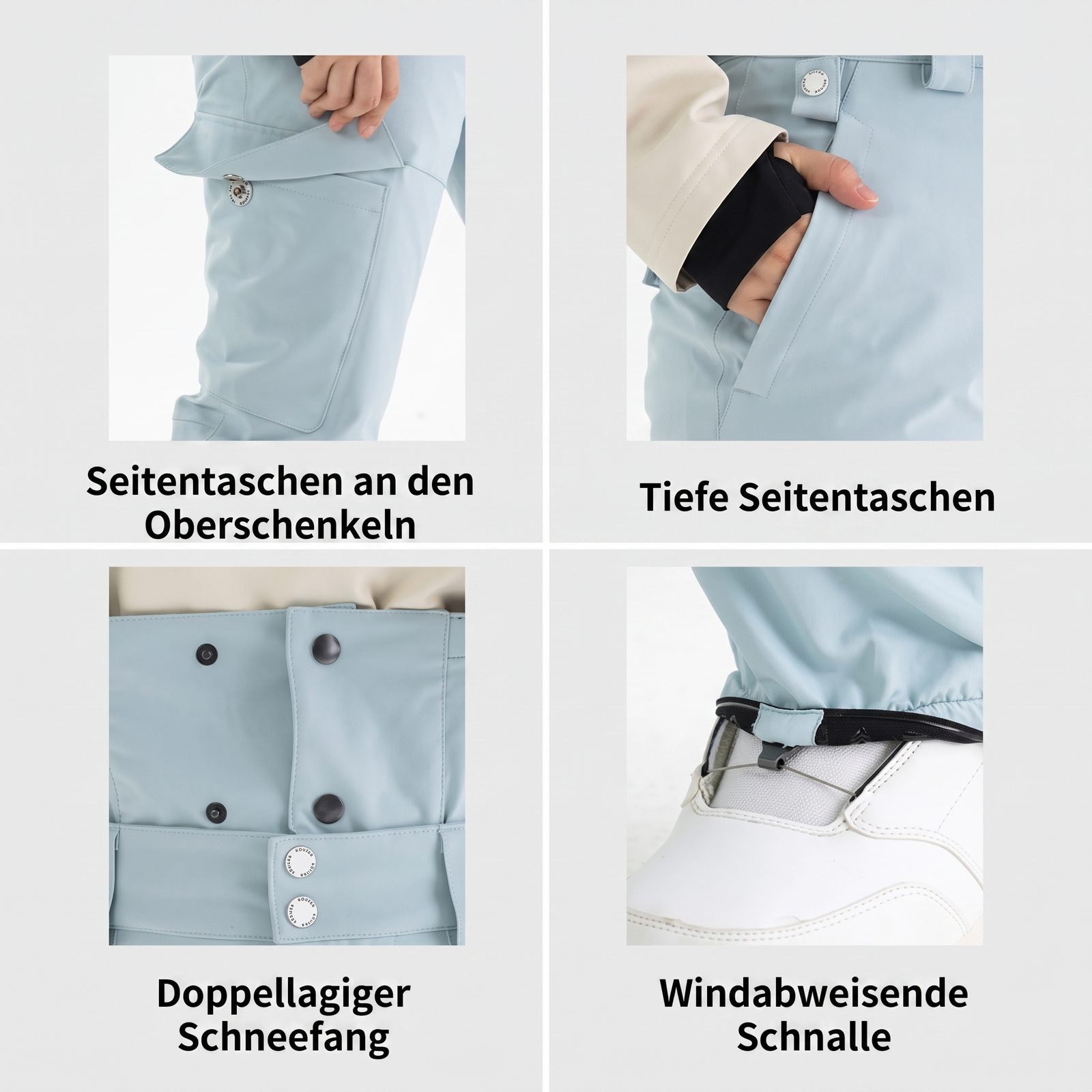 Damen-Skianzug Seitentaschen Oberschenkel tiefe Taschen Schneefang windabweisende Schnalle