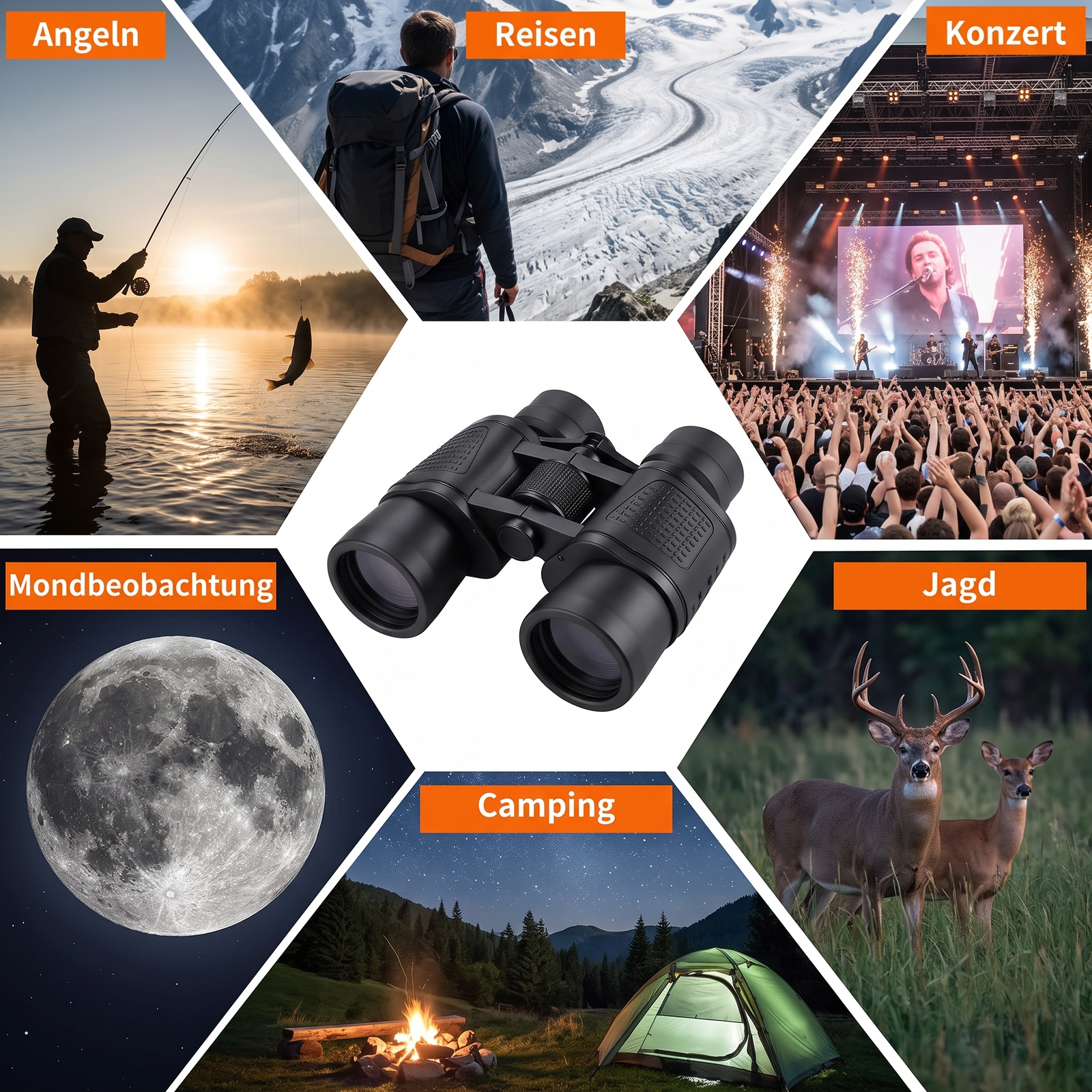 Fernglas Einsatzbereiche Angeln Reisen Konzert Mondbeobachtung Camping Jagd