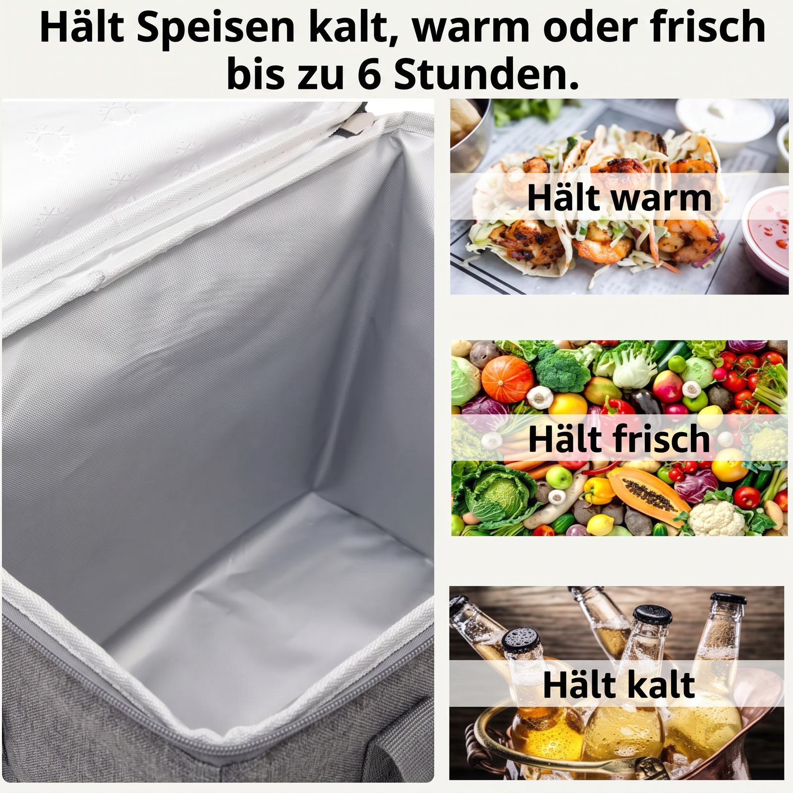 Isolierte Kühltasche hält Speisen kalt warm oder frisch bis zu 6 Stunden