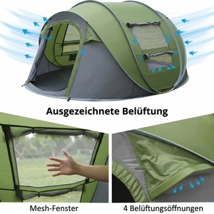 Campingzelt 3-4 Personen ausgezeichnete Belüftung Mesh-Fenster 4 Belüftungsöffnungen