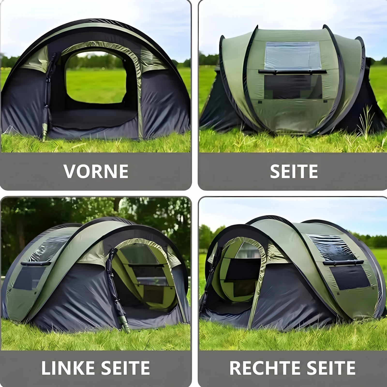 Campingzelt 3-4 Personen Ansichten vorne seite linke seite rechte seite
