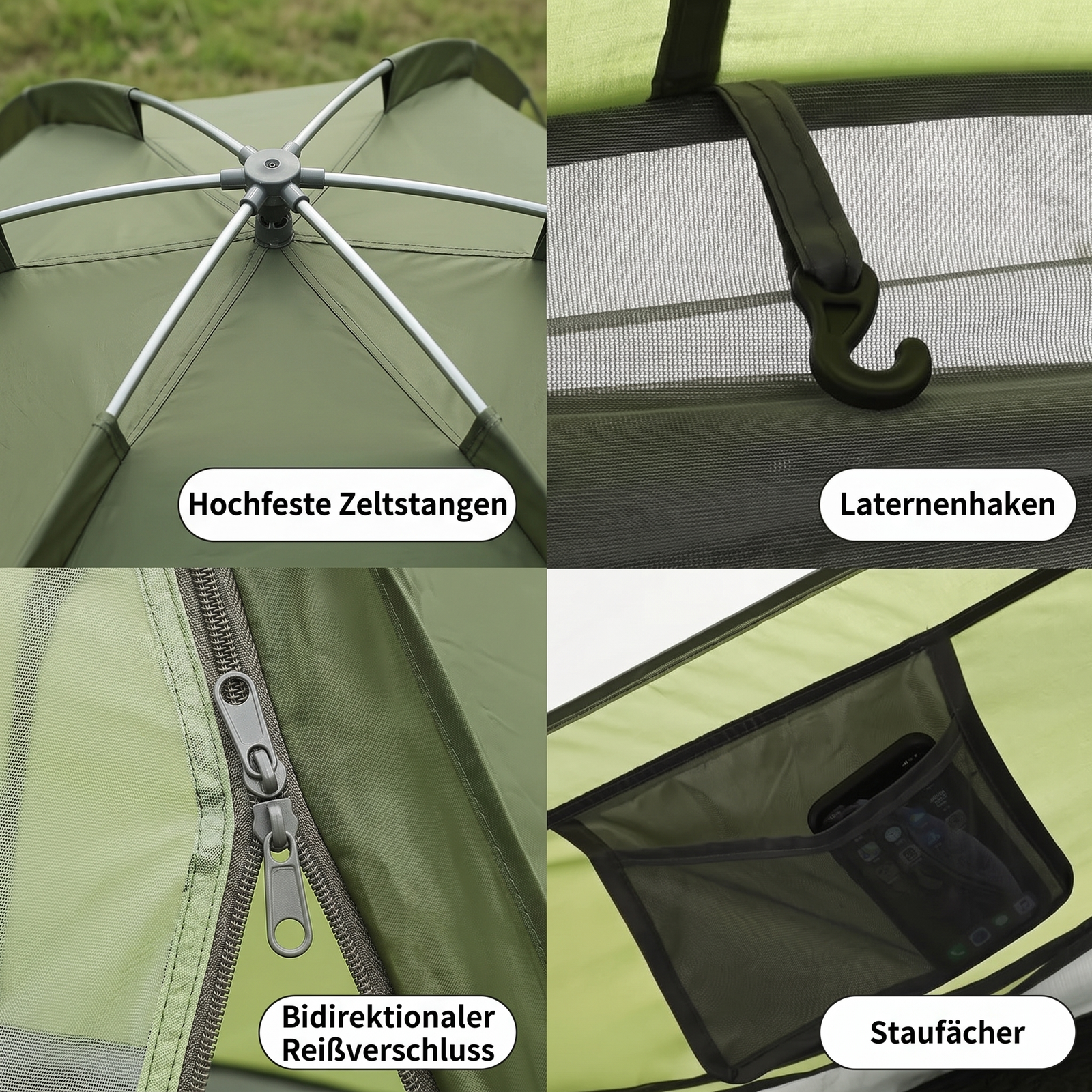 Campingzelt 3-4 Personen hochfeste Zeltstangen Laternenhaken bidirektionaler Reißverschluss Staufächer
