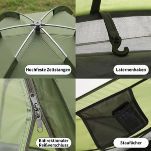 Campingzelt 3-4 Personen hochfeste Zeltstangen Laternenhaken bidirektionaler Reißverschluss Staufächer