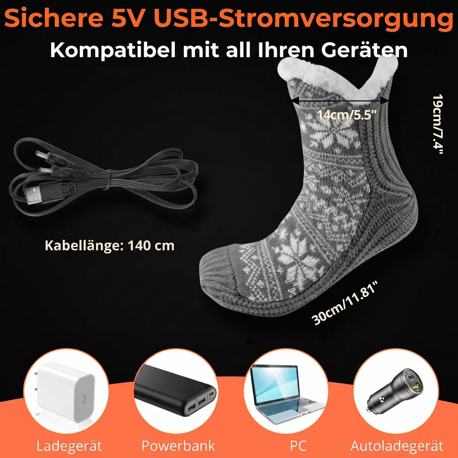 Beheizbare Fleece-Akkusocken - Sichere 5V USB-Stromversorgung