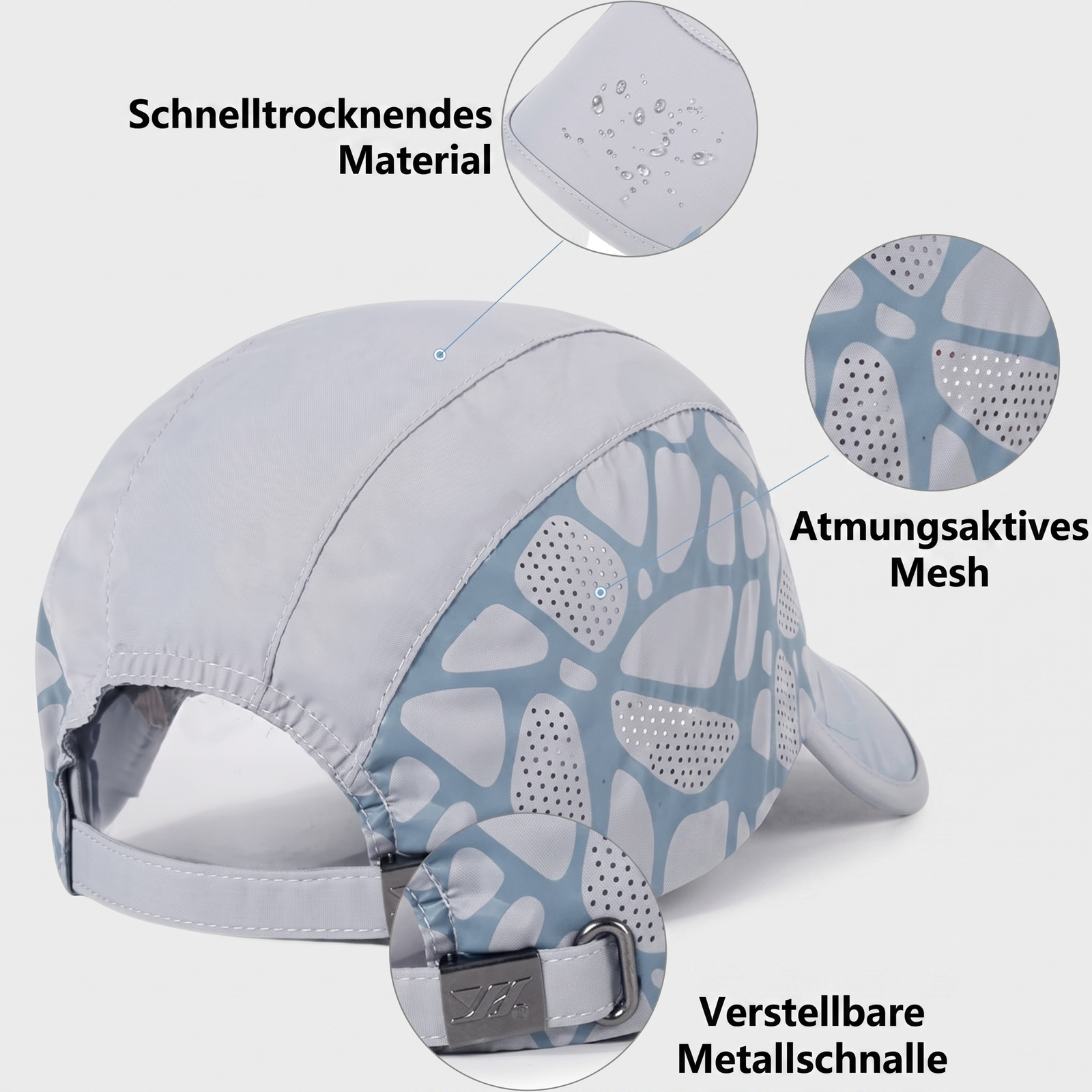 Schnelltrocknendes Material, Atmungsaktives Mesh, Verstellbare Metallschnalle