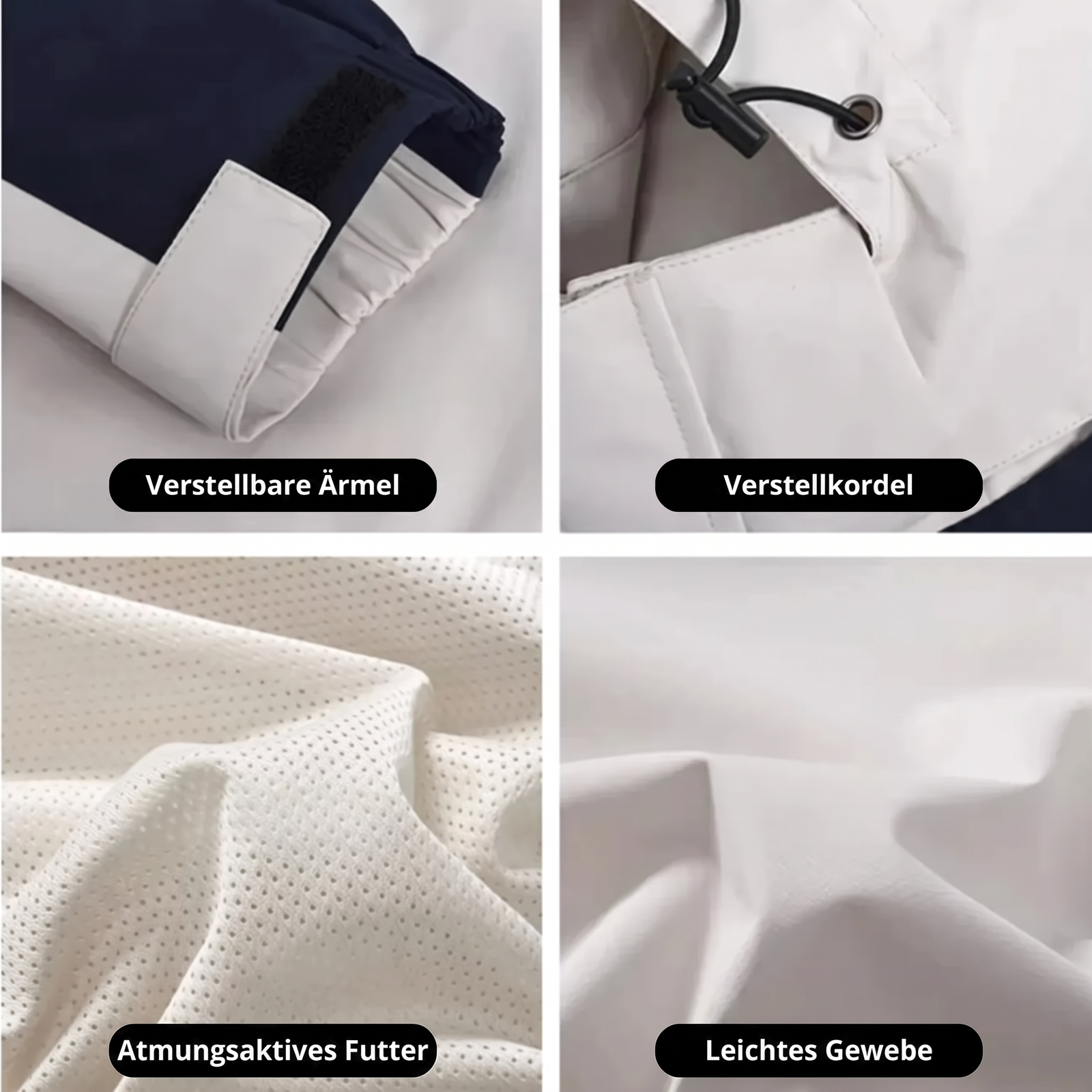 Verstellbare Ärmel, Verstellkordel, Atmungsaktives Futter, Leichtes Gewebe