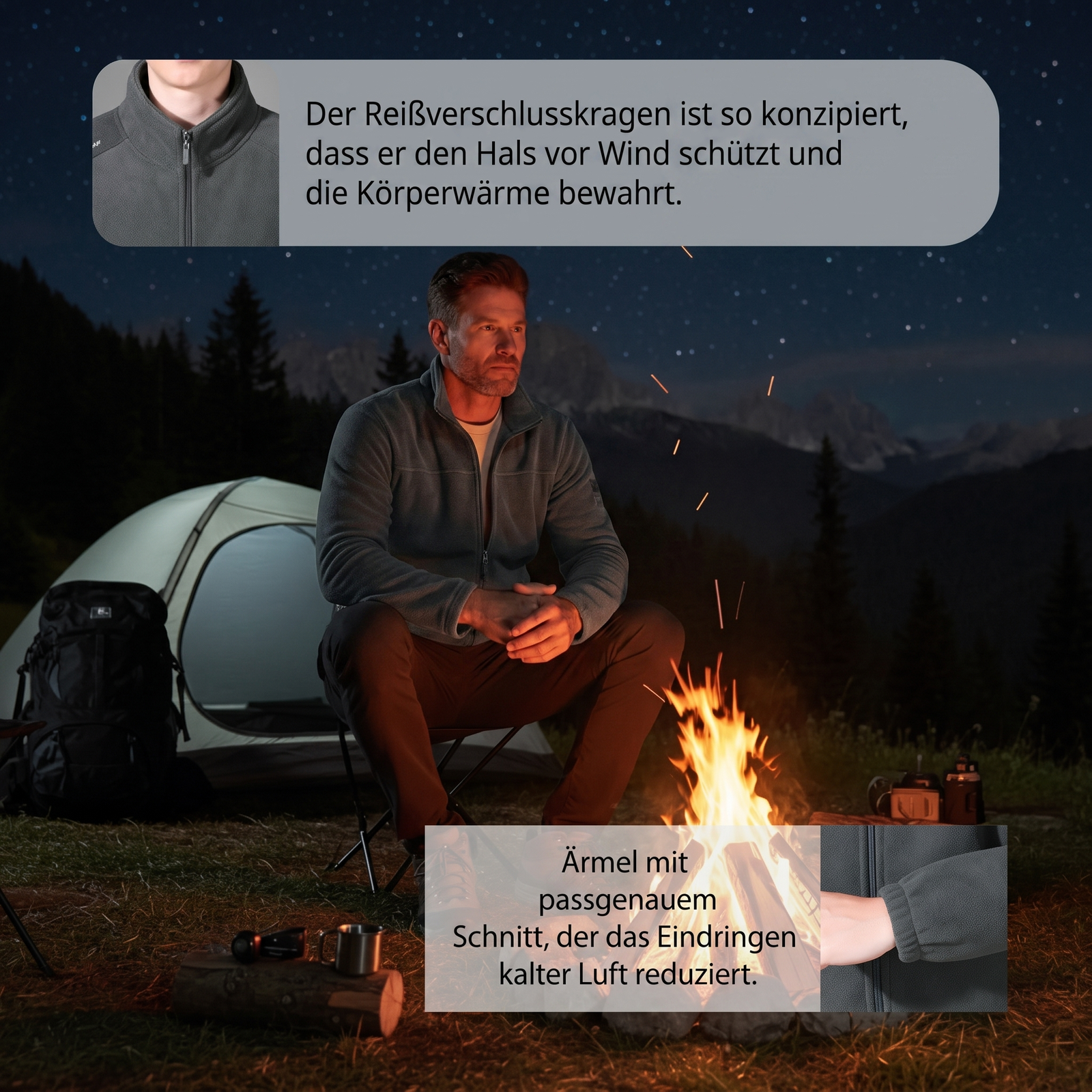 Herren Outdoor-Fleecejacke - Reißverschlusskragen und Ärmel