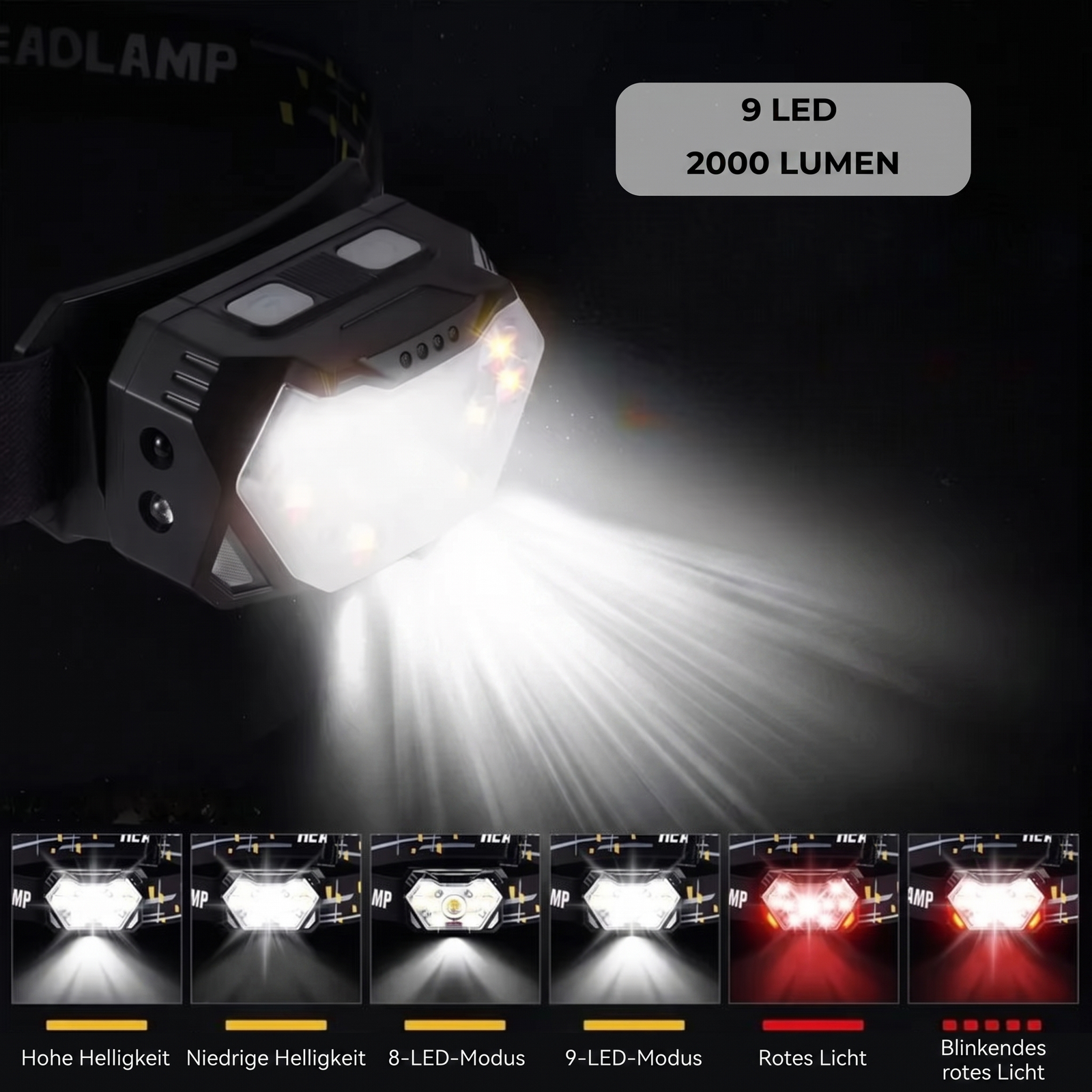 9 LED 2000 Lumen Stirnlampe Modi