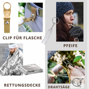 Taktisches Survival-Set - Clip, Pfeife, Rettungsdecke, Drahtsäge