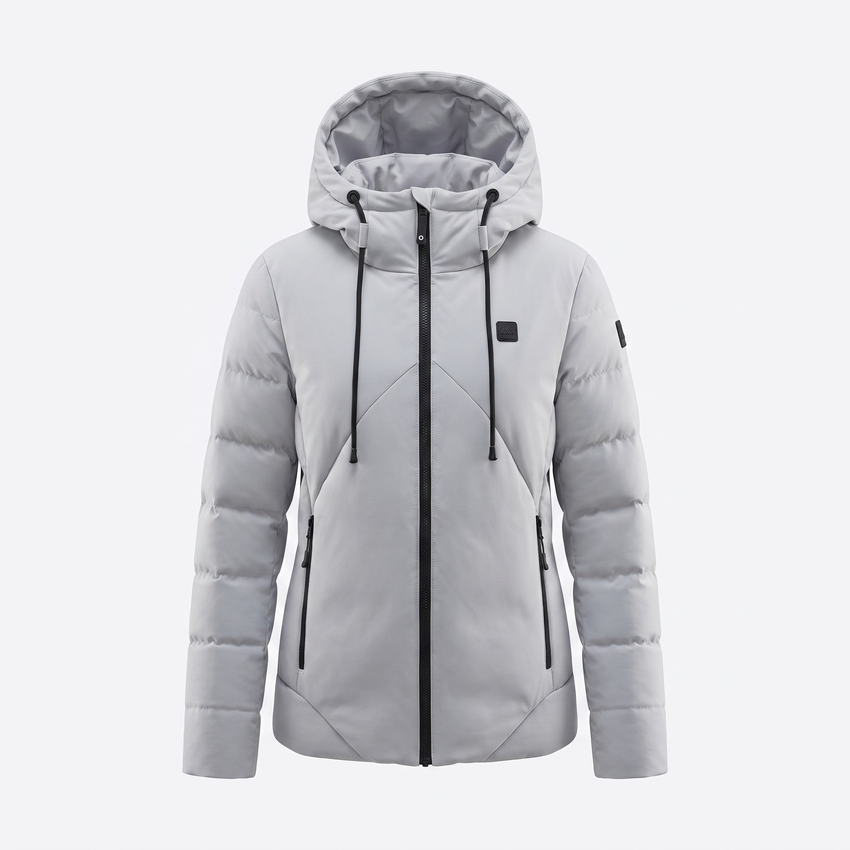 Beheizbare Daunenjacke mit Kapuze – Grau, Vorderansicht