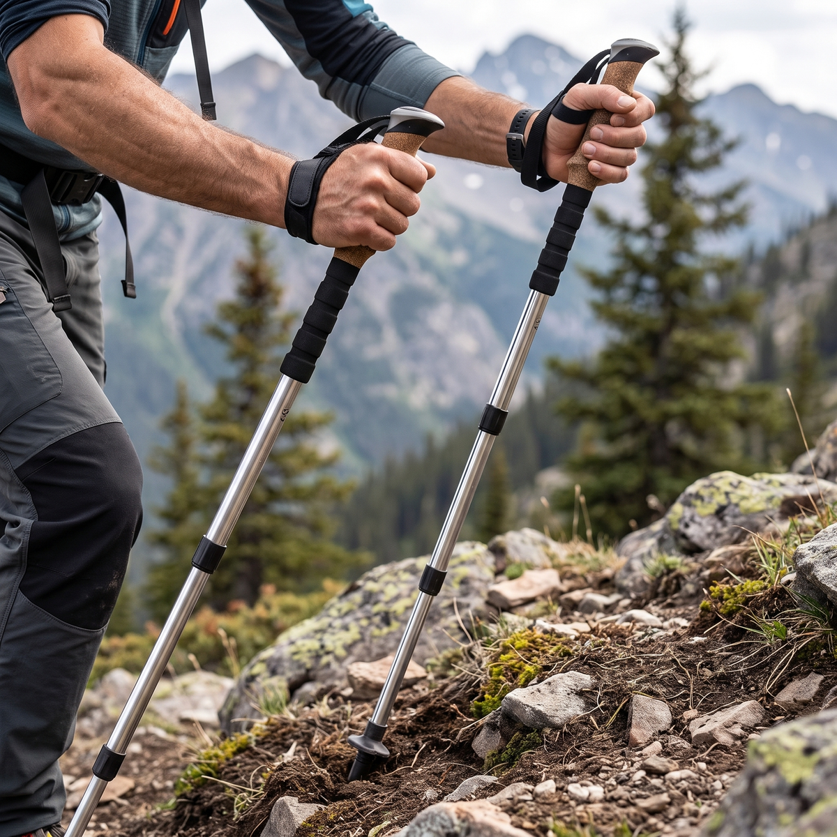 Alu-Trekkingstock Korkgriff bei der Nutzung auf einer Bergwanderung