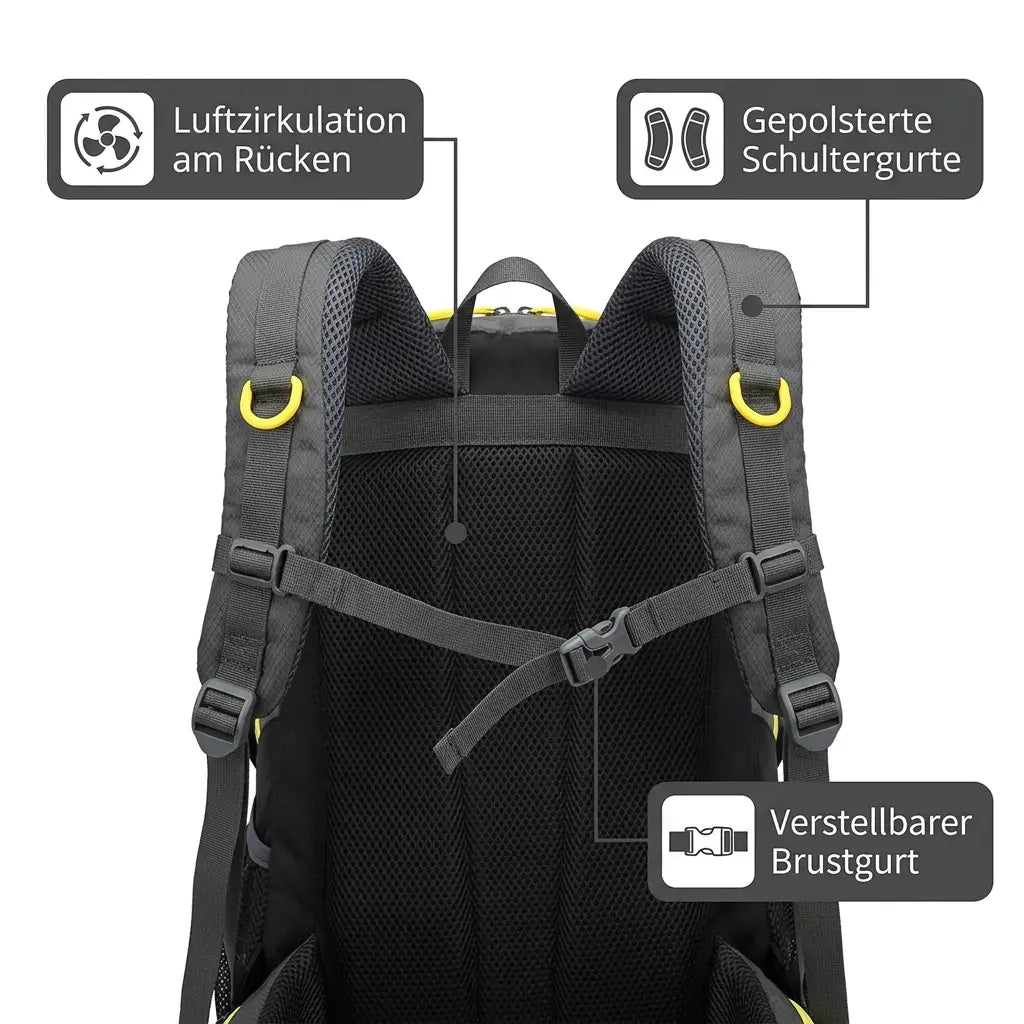 Wasserdichter Wanderrucksack 40 L – Belüftung und Schultergurte